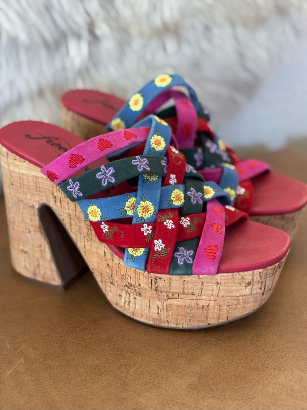 Free People Multicolor Embroidered Platform Sandals - Red, Pink, Blue, Green